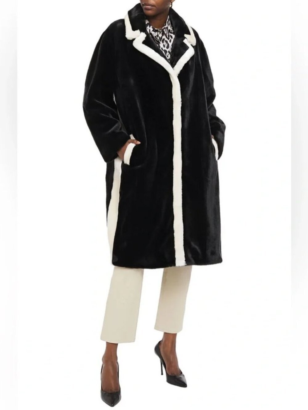 Stand Studio Marianne Coat Two Tone Faux Fur Heavy Jacket Collared Black Large